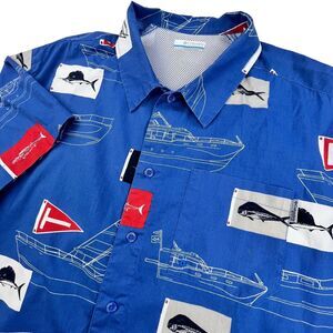 Columbia PFG Vented Shirt Mens Large Blue Fishing Nautical Boat Tuna Ocean Beach